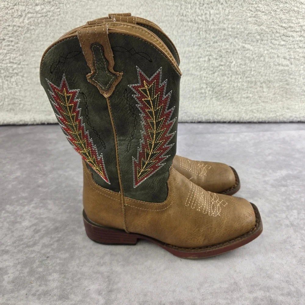 Roper Kids Western Cowboy Boots Brown Green Embroidered Square Toe Size 12